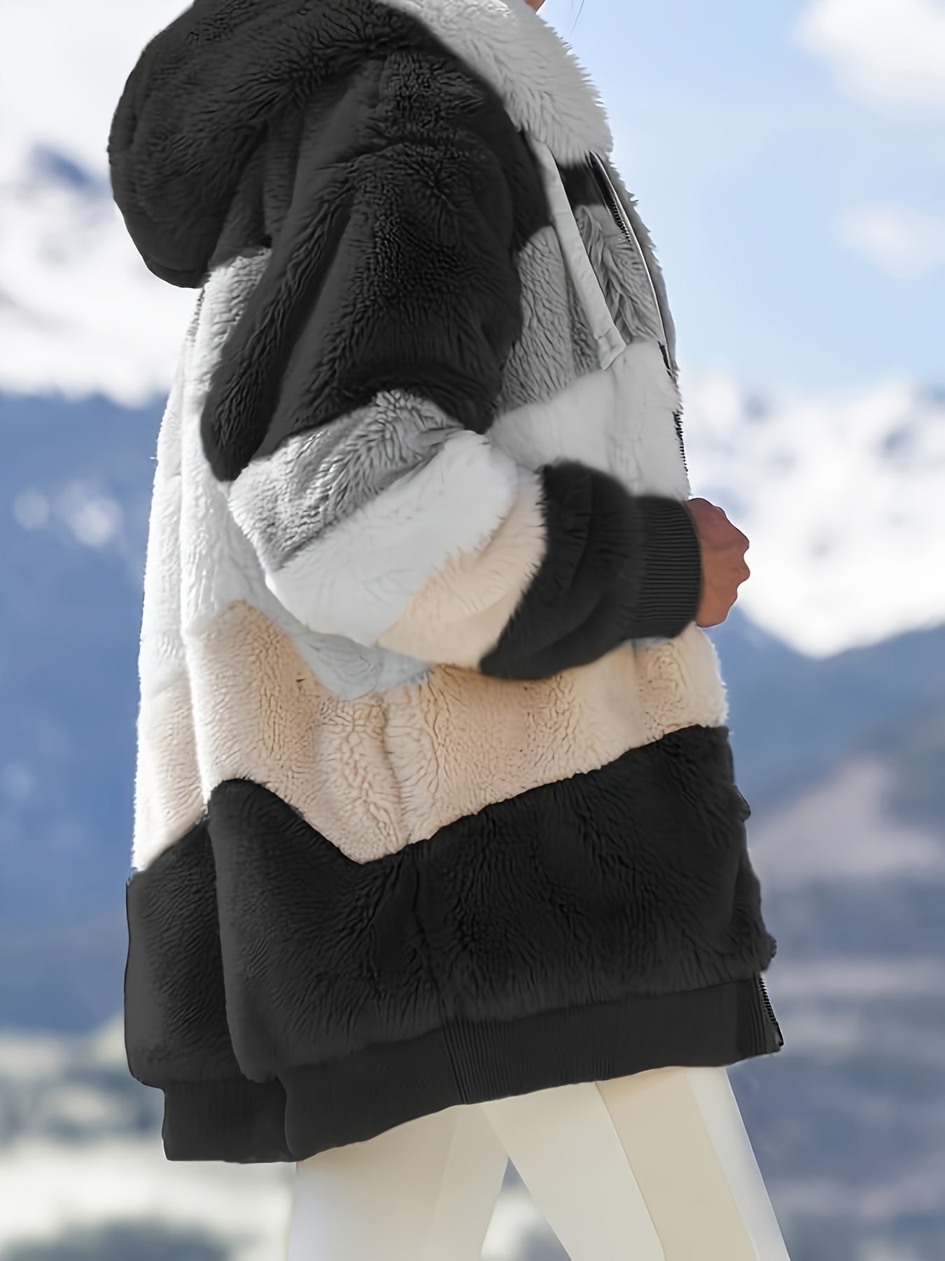 Color Block Fuzzy Hooded Coat