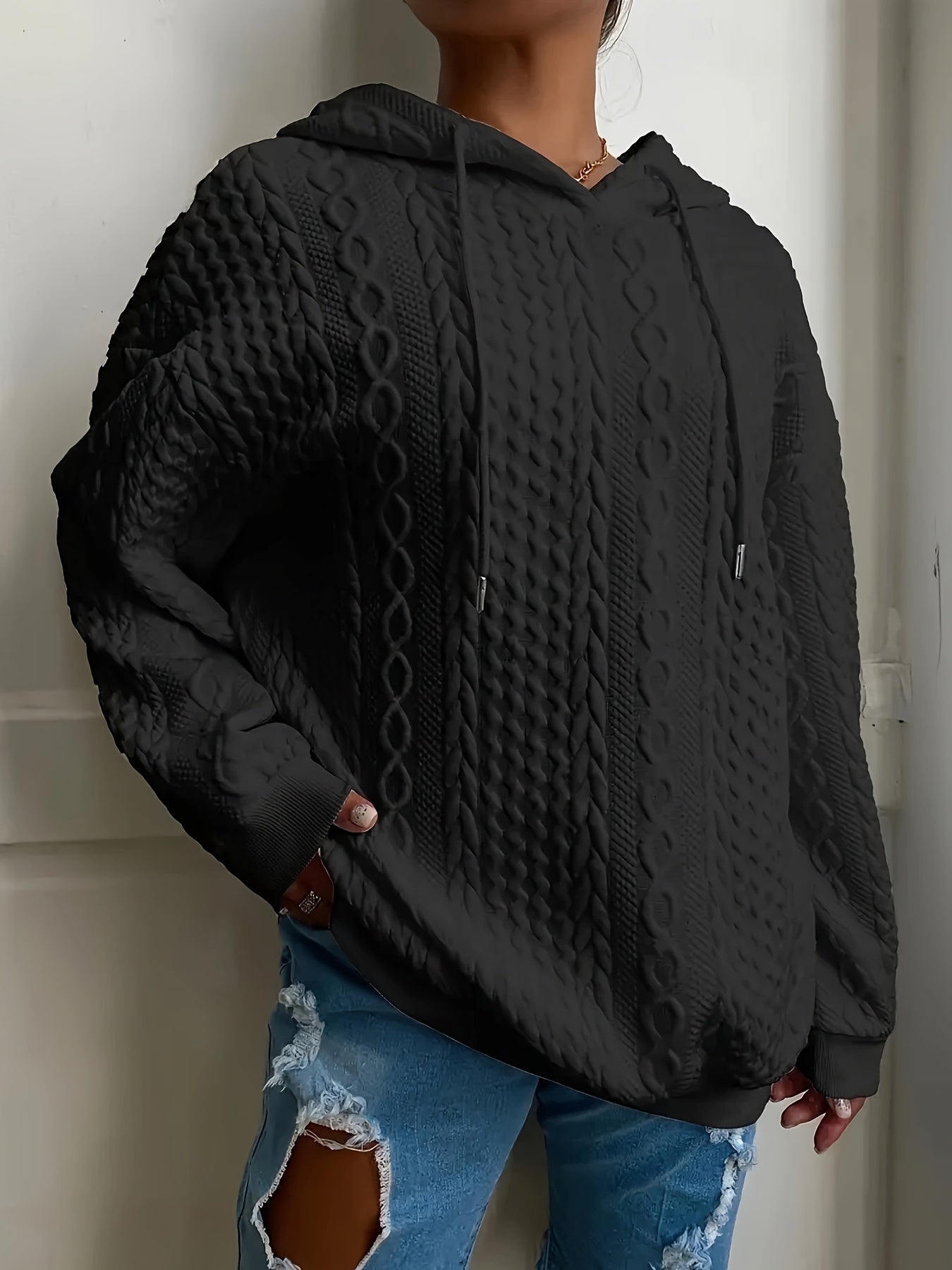 Solid Textured Drawstring Hoodie