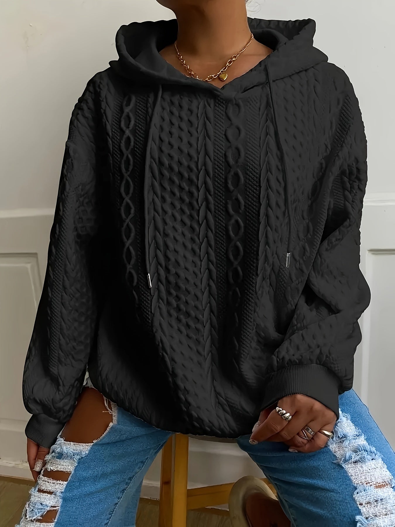 Solid Textured Drawstring Hoodie