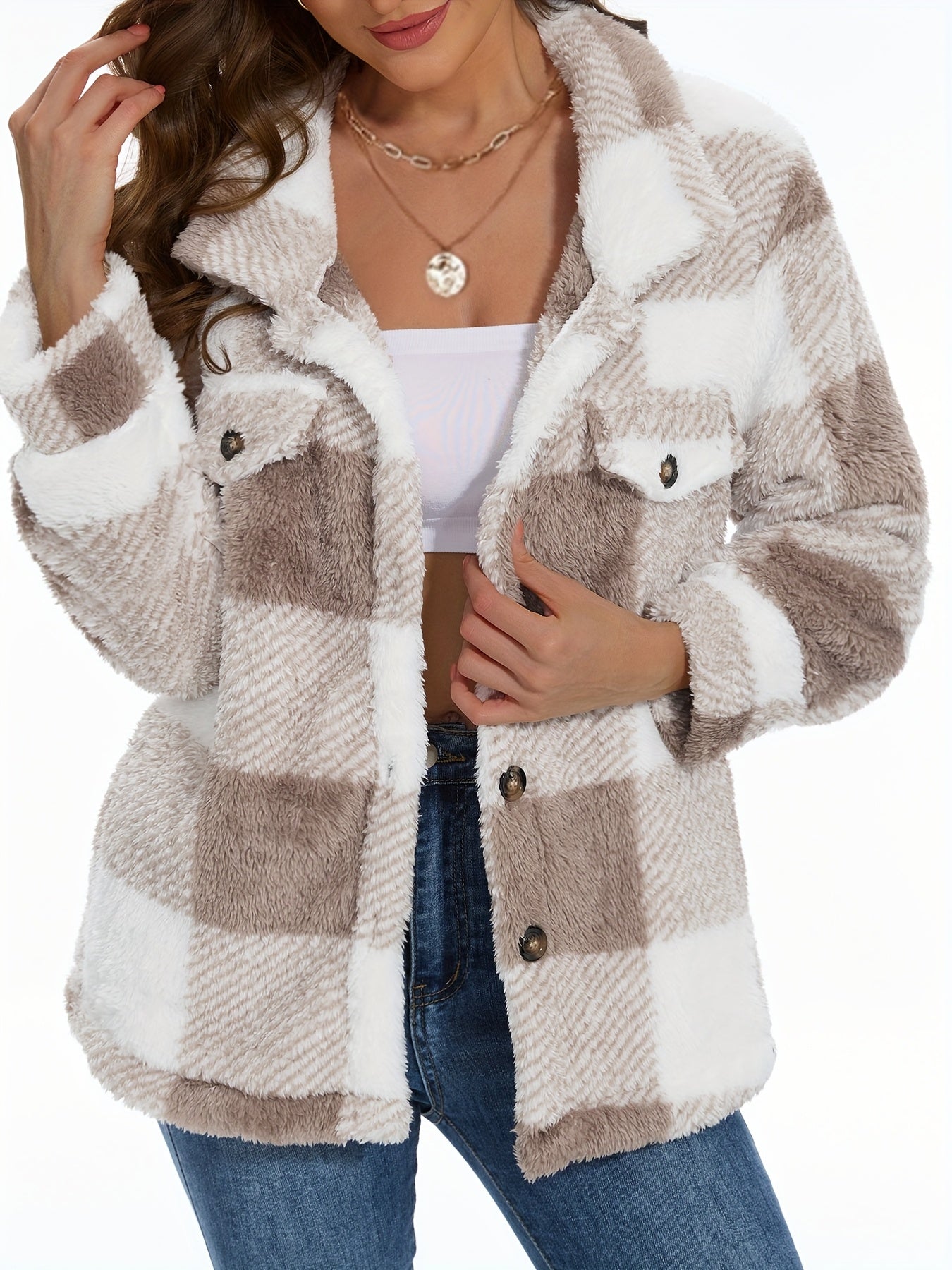 Plaid Pattern Button Front Teddy Coat