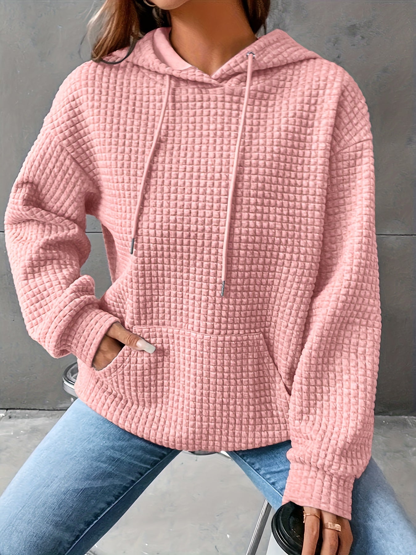 Waffle Grid Kangaroo Pocket Hoodie