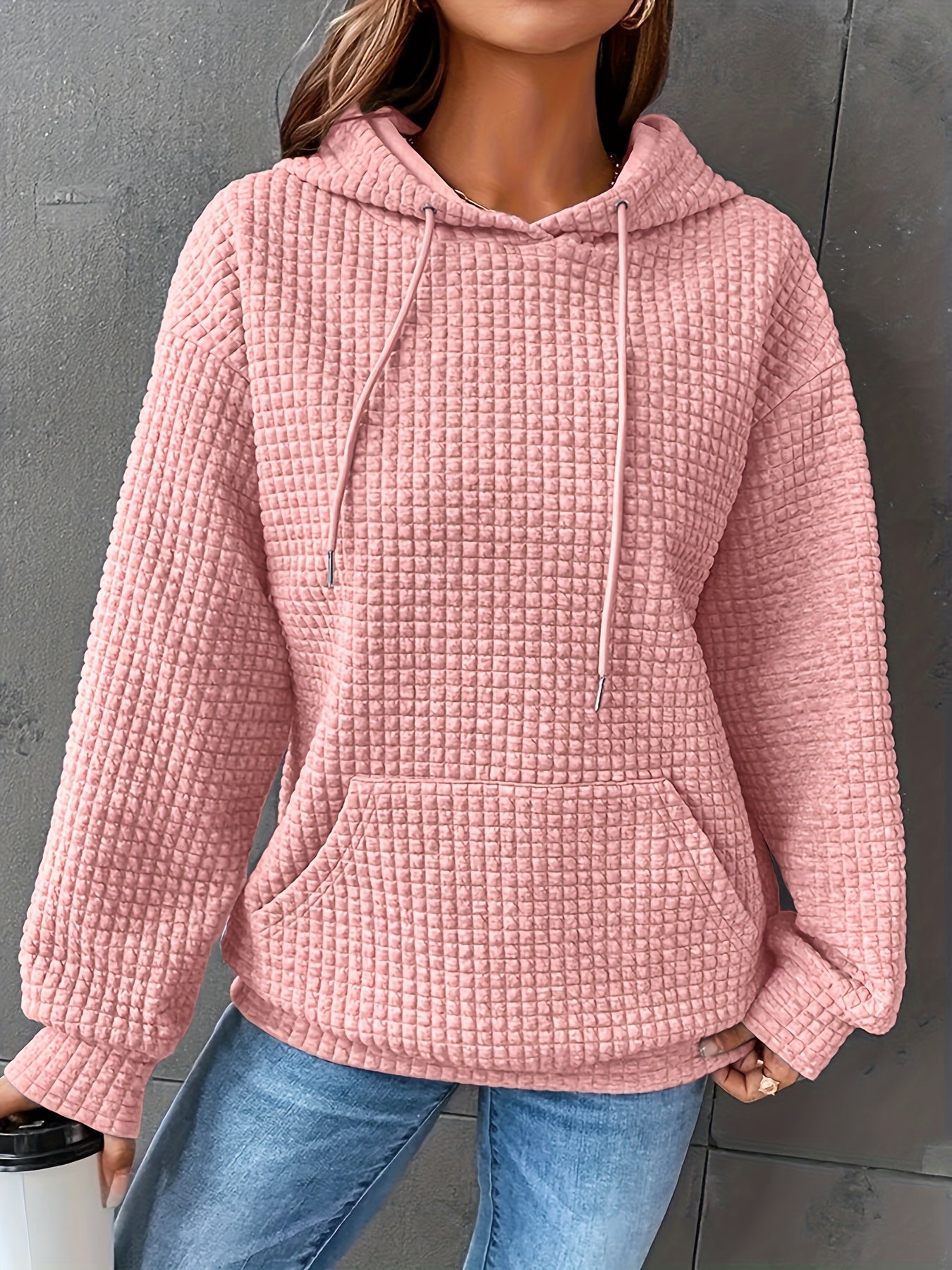 Waffle Grid Kangaroo Pocket Hoodie