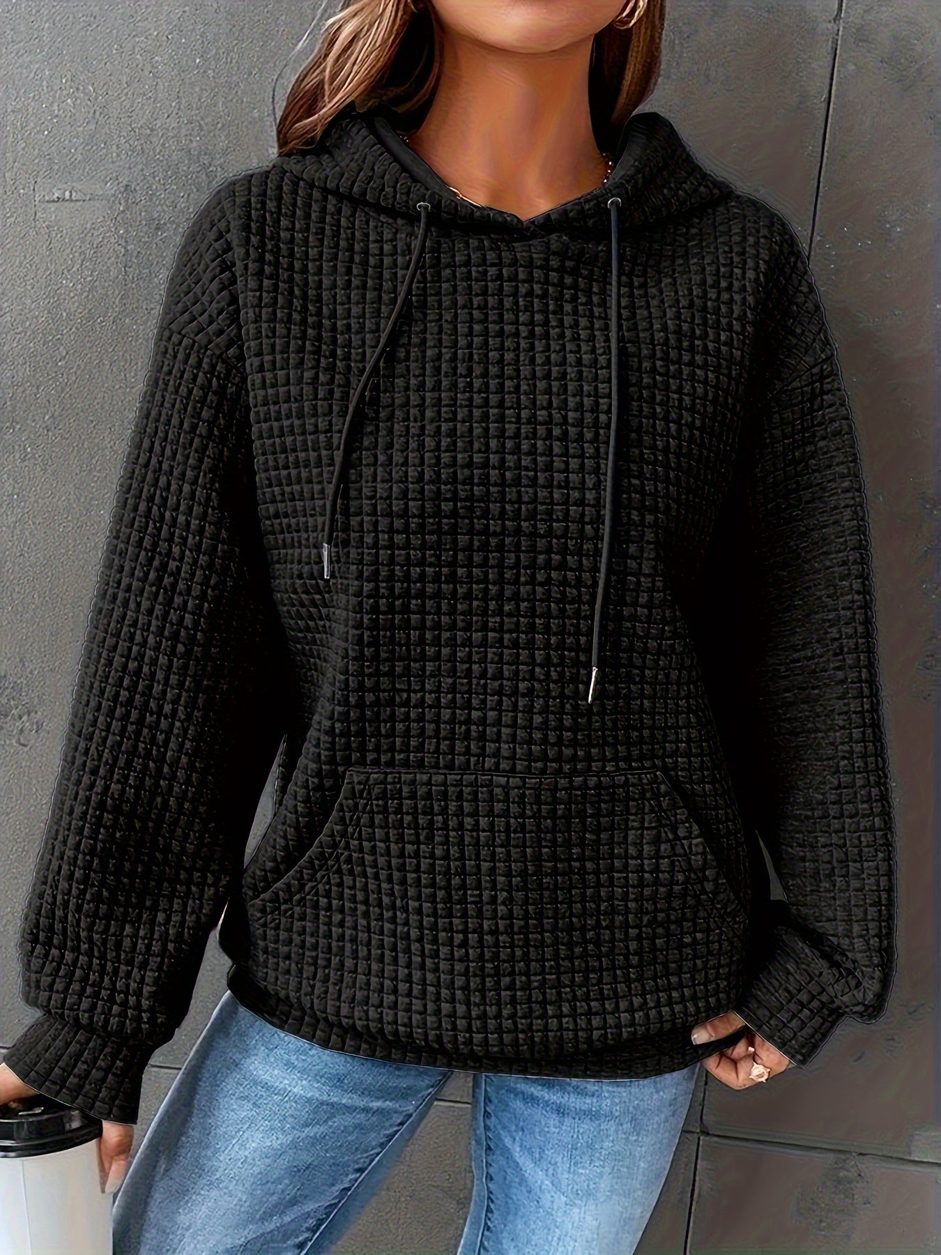 Waffle Grid Kangaroo Pocket Hoodie