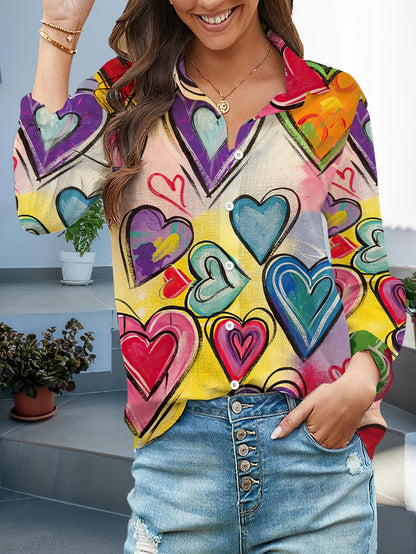 Women's Casual Button-Down Lapel Shirt with 3D Heart Print