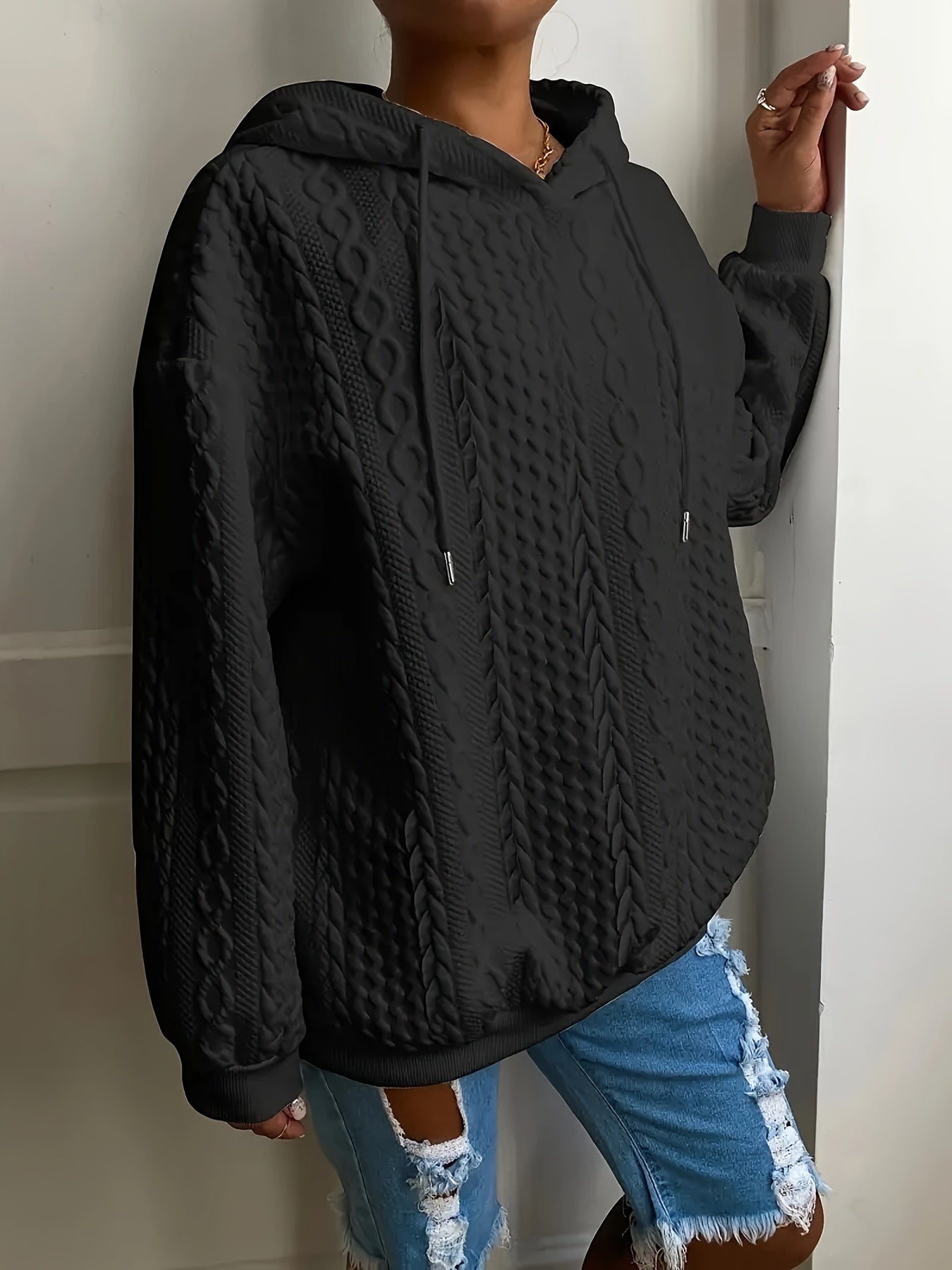 Solid Textured Drawstring Hoodie