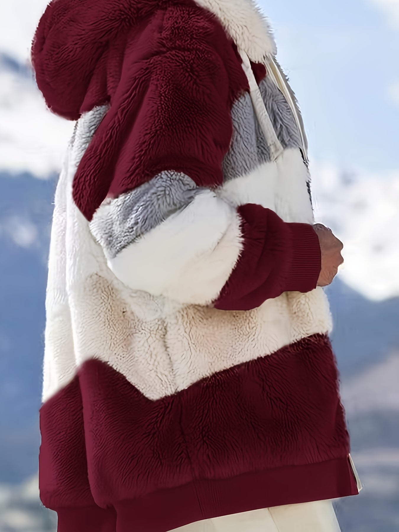 Color Block Fuzzy Hooded Coat