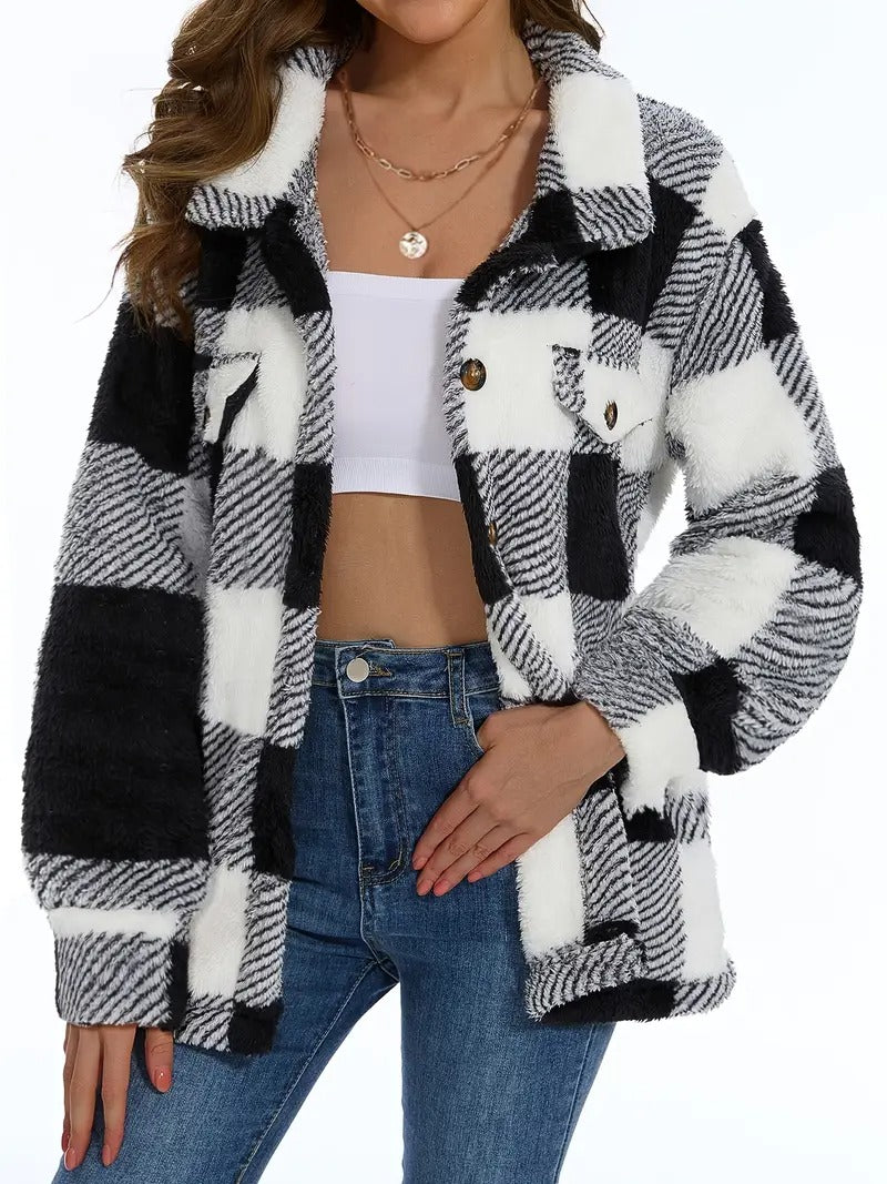 Plaid Pattern Button Front Teddy Coat