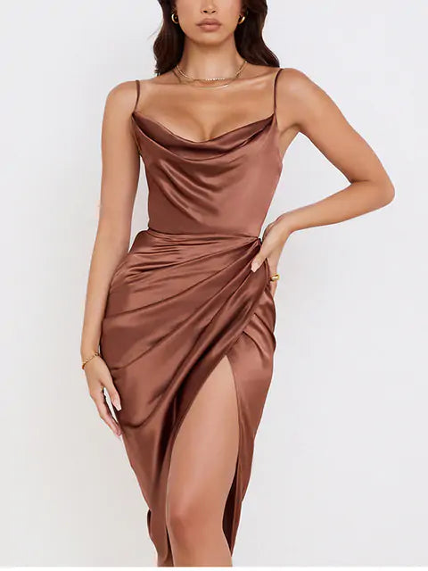 SatinGlow™         |         Midi Satin Dress Split Adjustable Strap